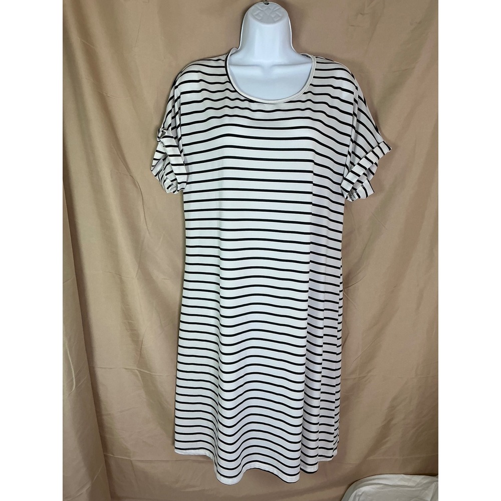 SHEIN T-Shirt Dress Womens Large White Black Excellent Striped Cuffed Sleeve